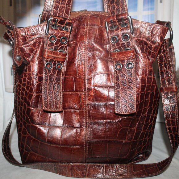 $549 FRANCESCO BIASIA Gilded Brown Croc Embossed Leather Shoulder Bag Crossbody - Picture 6 of 12